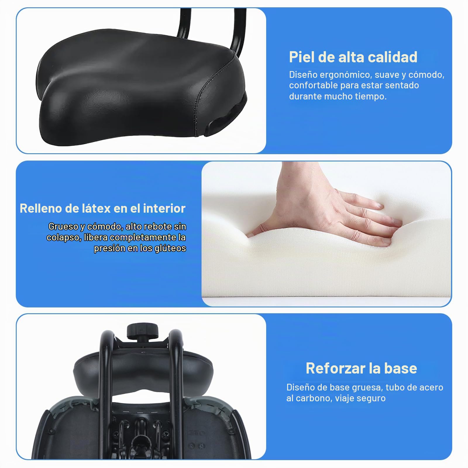 Sillín de Bicicleta, Sillín de Bicicleta de Gran Tamaño, Sillín de Bicicleta con Respaldo, Sillín de Bicicleta con Respaldo Ajustable, Cojín de Asiento Trasero Suave de Repuesto para Bicicletas