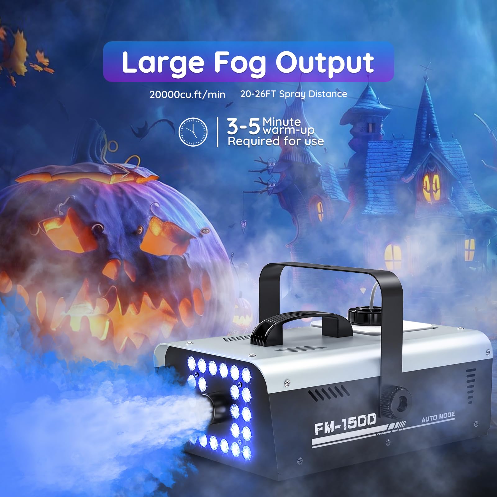 Condition photo showing As Is for fog machine halloween outdoor indoor, 1500w smoke machine fog with 24 leds strobe lights and remote for dj party disco stage wedding
