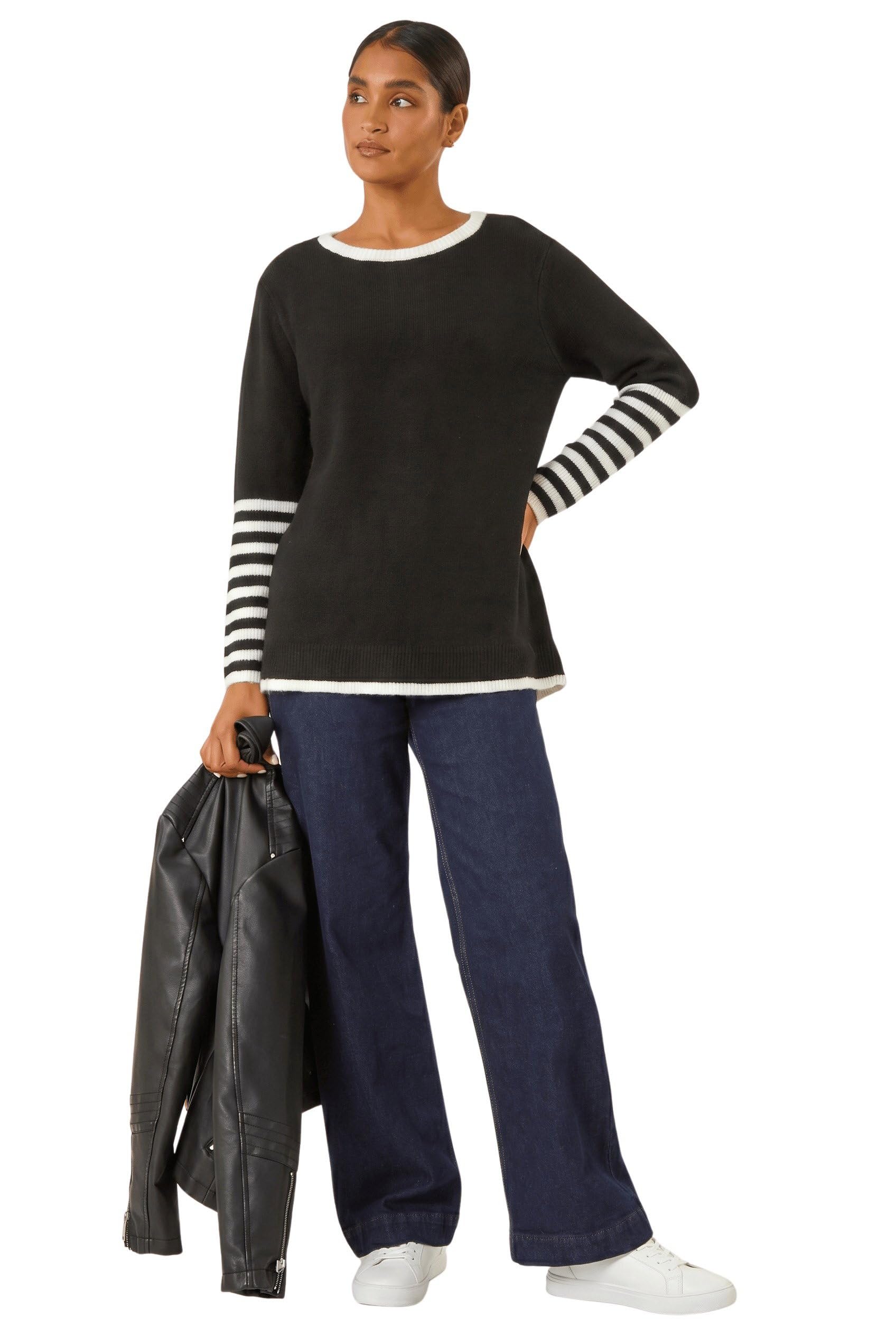 Roman Originals Women's Black Contrast Stripe Detail Knit Jumper For Uk - Everyday Autumn Winter Round Neckline Comfy Soft Evening Vacation Work Party Night Out - Size 16