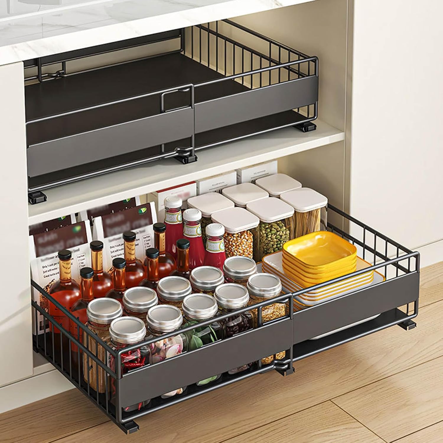 Pull Out Cabinet Organizer, Expandable with 3 Rails, No Drill Slide Out Drawers for Kitchen, Pantry, Bedroom, Adhesive Roll Out Shelves, Adjustable Width 12.6-20inch