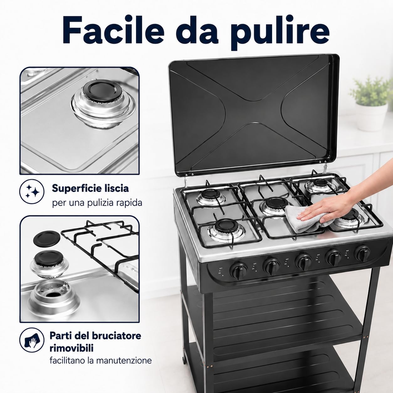 Piano cottura a gas, 5 fuochi, 2,5 kW, portatile, per campeggio e casa
