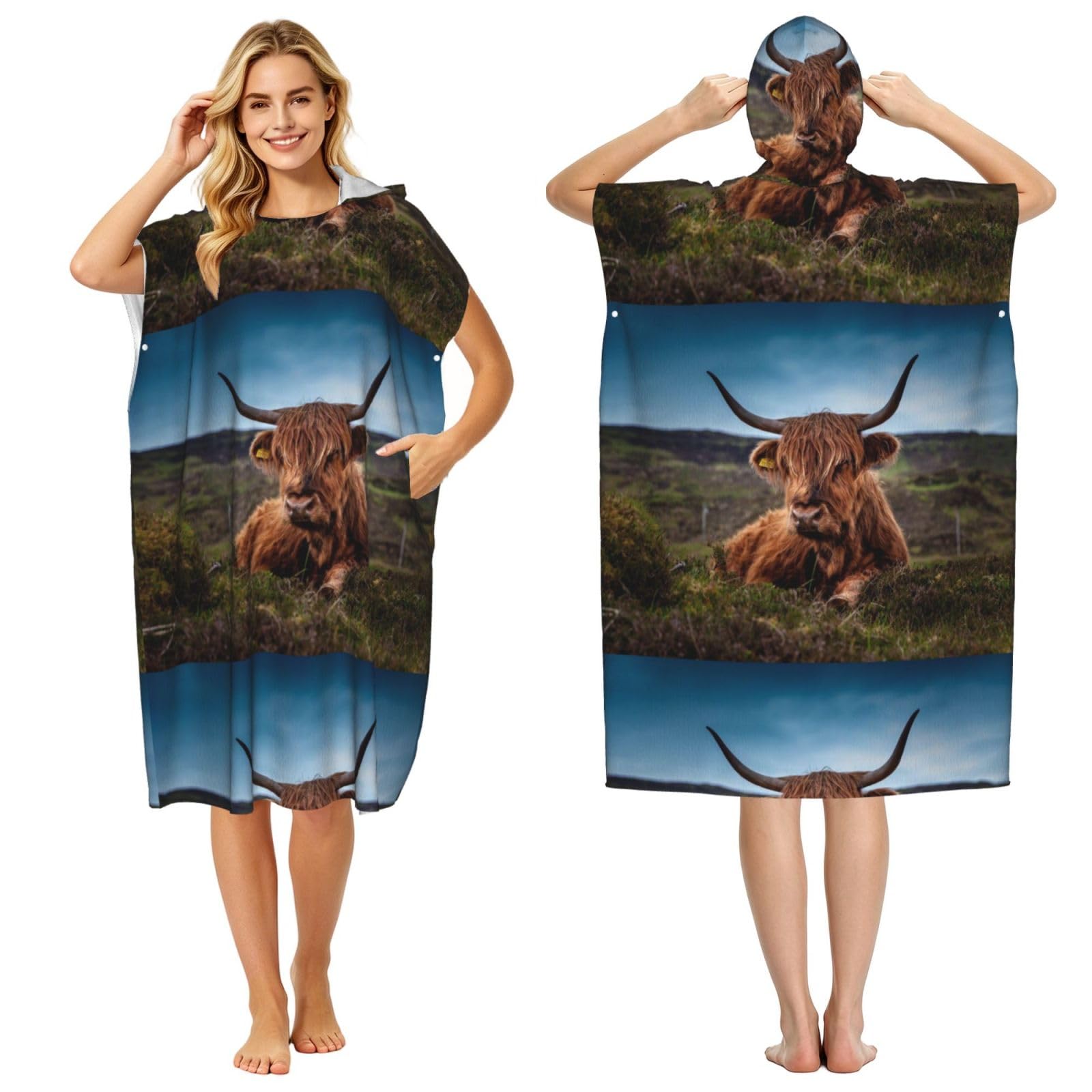Poadnly Highland Cow, Adult Hooded Beach Towel 90 x 110 cm,Changing Bath Robe, Surf Poncho Towel For Women Men