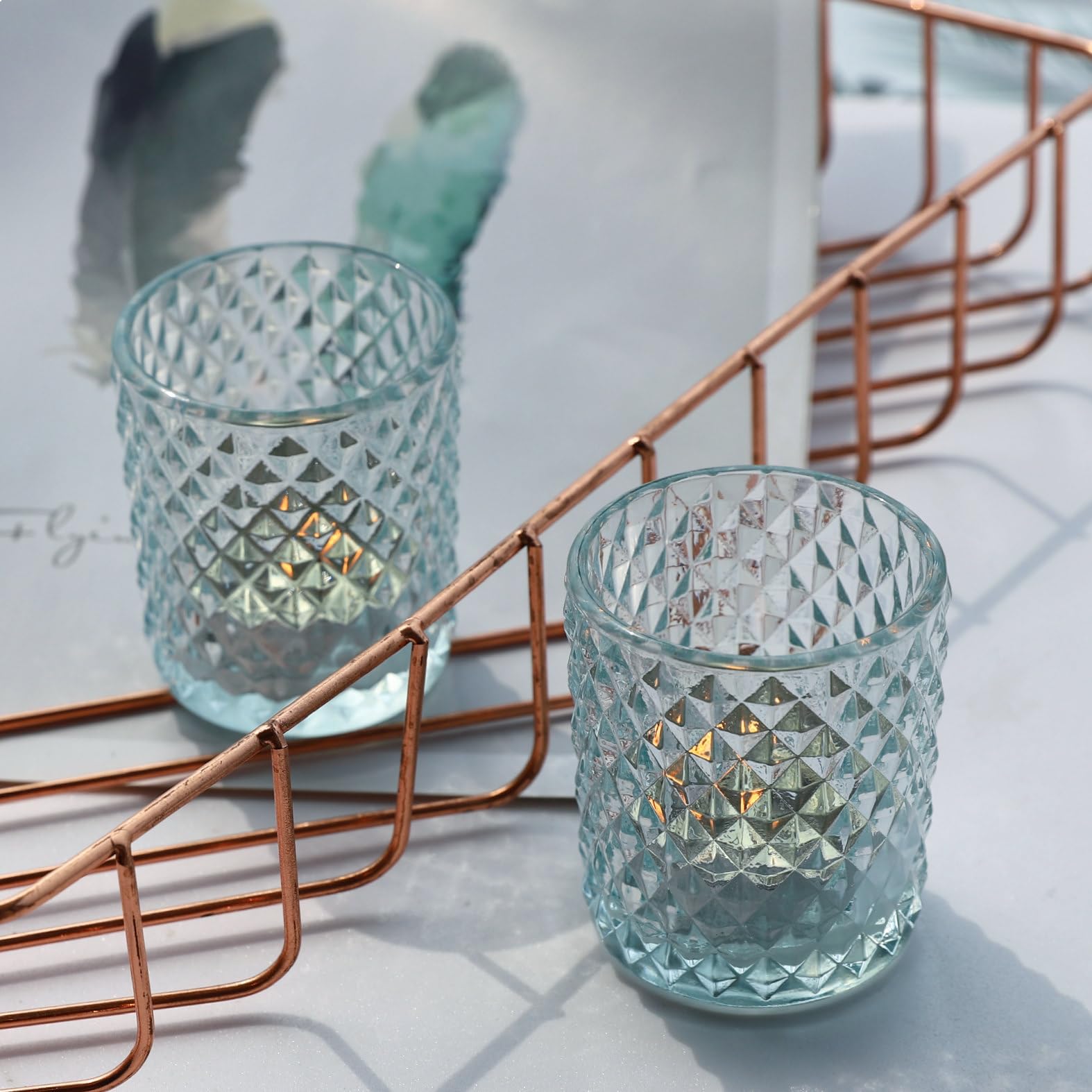 Woho 12pcs Light Aqua Blue Votive Candle Holders for Wedding Table Centerpiece, Tea Lights Candle Holder for Birthday Party, Tealight Candle Holder for Home Decor