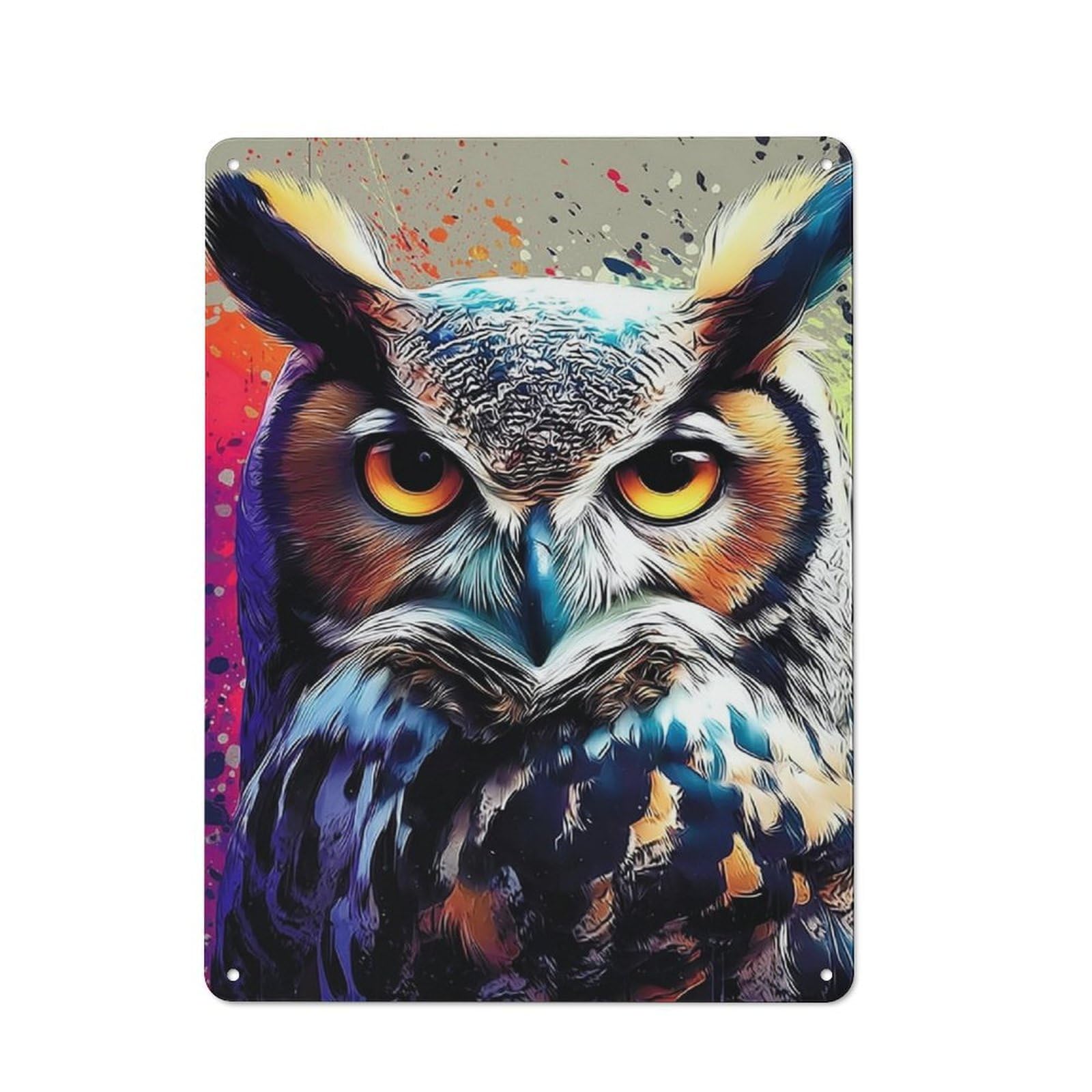 Junmoney Colorful Owl Portrait Artwork -2 Metal Wall Sign With Design 40X30cm, Loft Style Studio Wall Art For Flat, Bar, Studio Or Gallery Wall