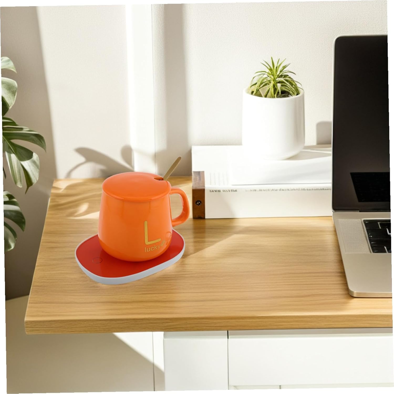 Electric Coffee Warmer Mug Set with Lid and Spoon USB Thermal Cup for Office and Home Use Multifunctional Hot Drink Heater in Box Orange