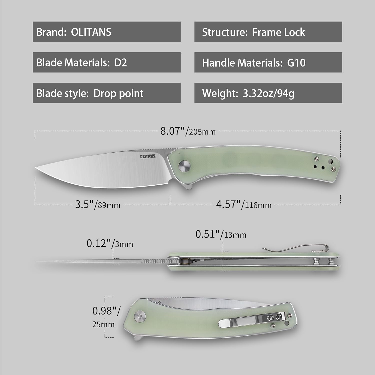 OLITANS G066 Folding Knife 3.5" D2 Blade With G10 Handle Camping Pocket Knife Lightweight Outdoor EDC