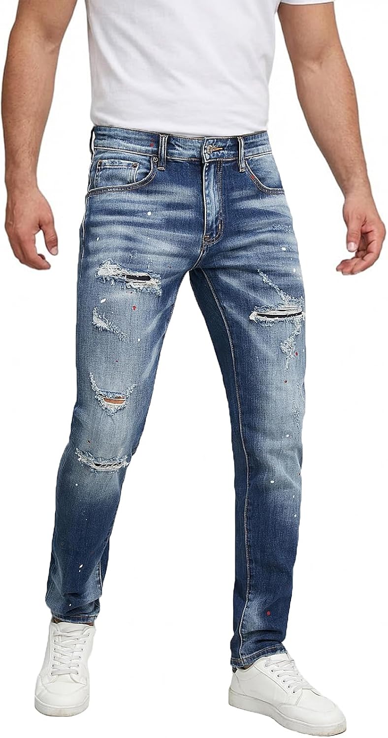 Men's Slim Fit Stretch Jeans Ripped Skinny Jeans for Men, Casual Straight Leg Streetwear Comfort Male Pants - Image 2