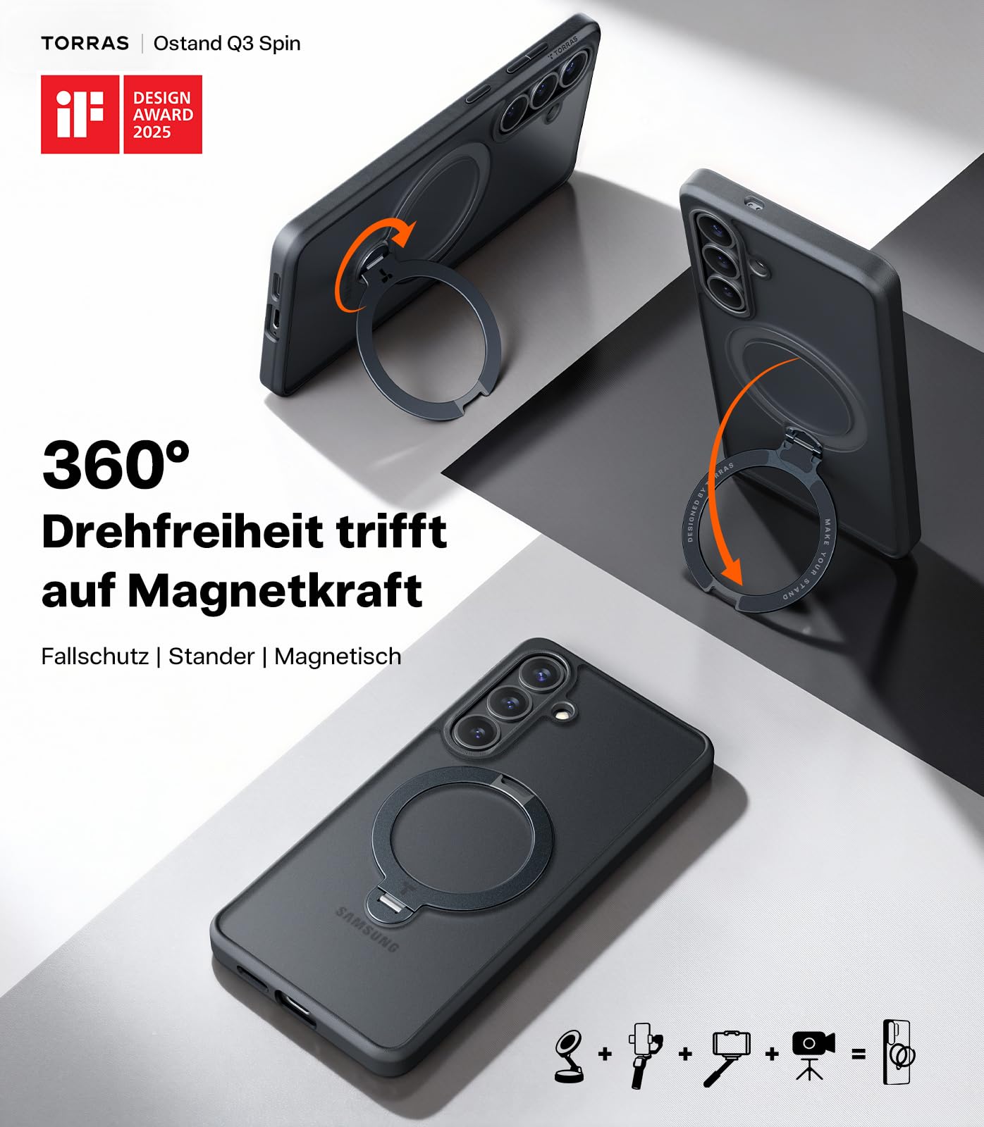 TORRAS Ostand Q3 Spin für Samsung Galaxy S26 Hülle (360° Langlebig Ständer für Magsafe) TOP Militärschutz Stoßfest Kratzfeste Dünn Super Haptik Matt Handyhülle Samsung S26 Case Schutzhülle Schwarz
