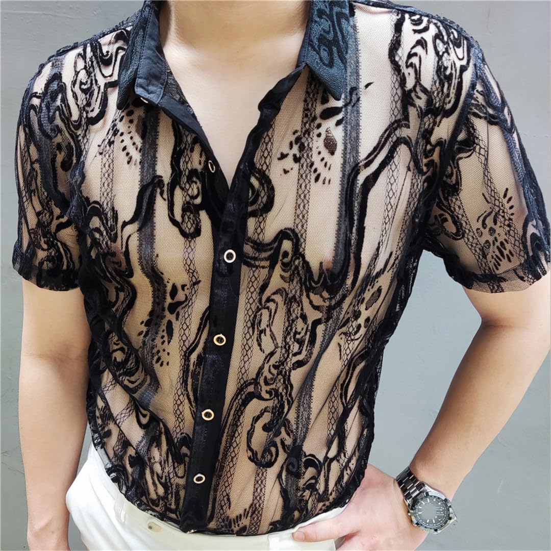 Yeuyyben Camicia Trasparente A Fiori in Pizzo Camicia Estiva A Maniche Corte See Through Button Up Camicia Nera Floreale da Uomo
