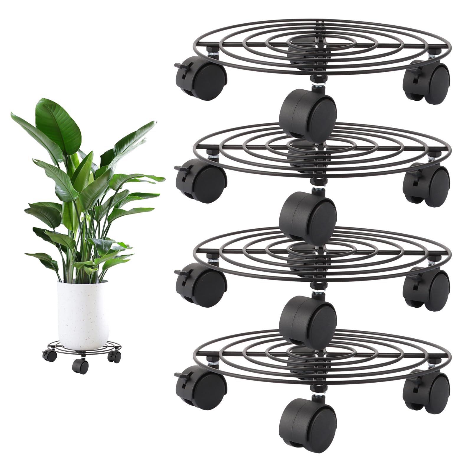 Lot de 4 rouleaux ronds pour plantes - 27 x 5 cm - Résistants aux intempéries - Soucoupe avec roulettes - 360 ° - Planche à roulettes pour pot de fleurs - Charge maximale : 40 kg