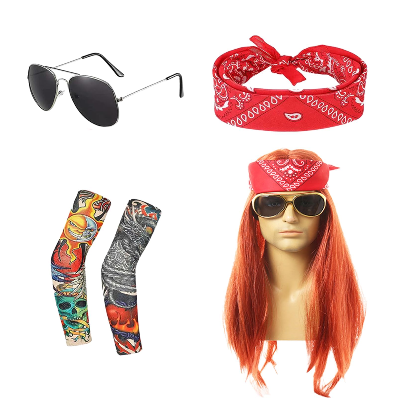 GegXcn 5 Pcs Rockstar Costume, Punk Rockstar Fancy Party Kit,Wearing Vintage Sunglasses, Gloves, Wig, Vintage Red Headscarf