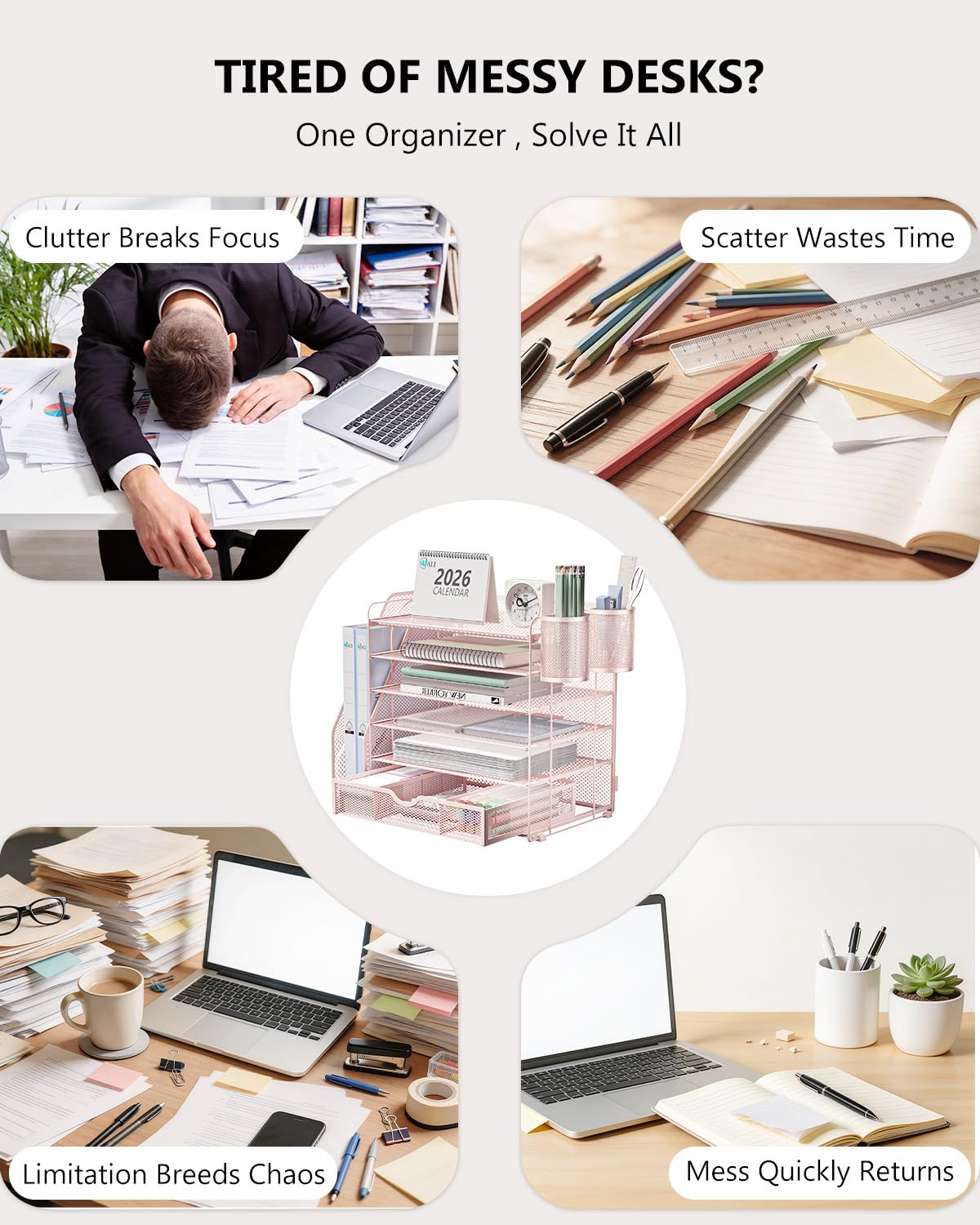 WALI Desk File Organizer, 6 Tier Desktop Paper Letter Tray Organizer with Drawer and 2 Pen Holders, Office Desk Accessories & Workspace Organizers for Office, Home Supplies(DO007DH-P), 1 Pack, Pink view 2
