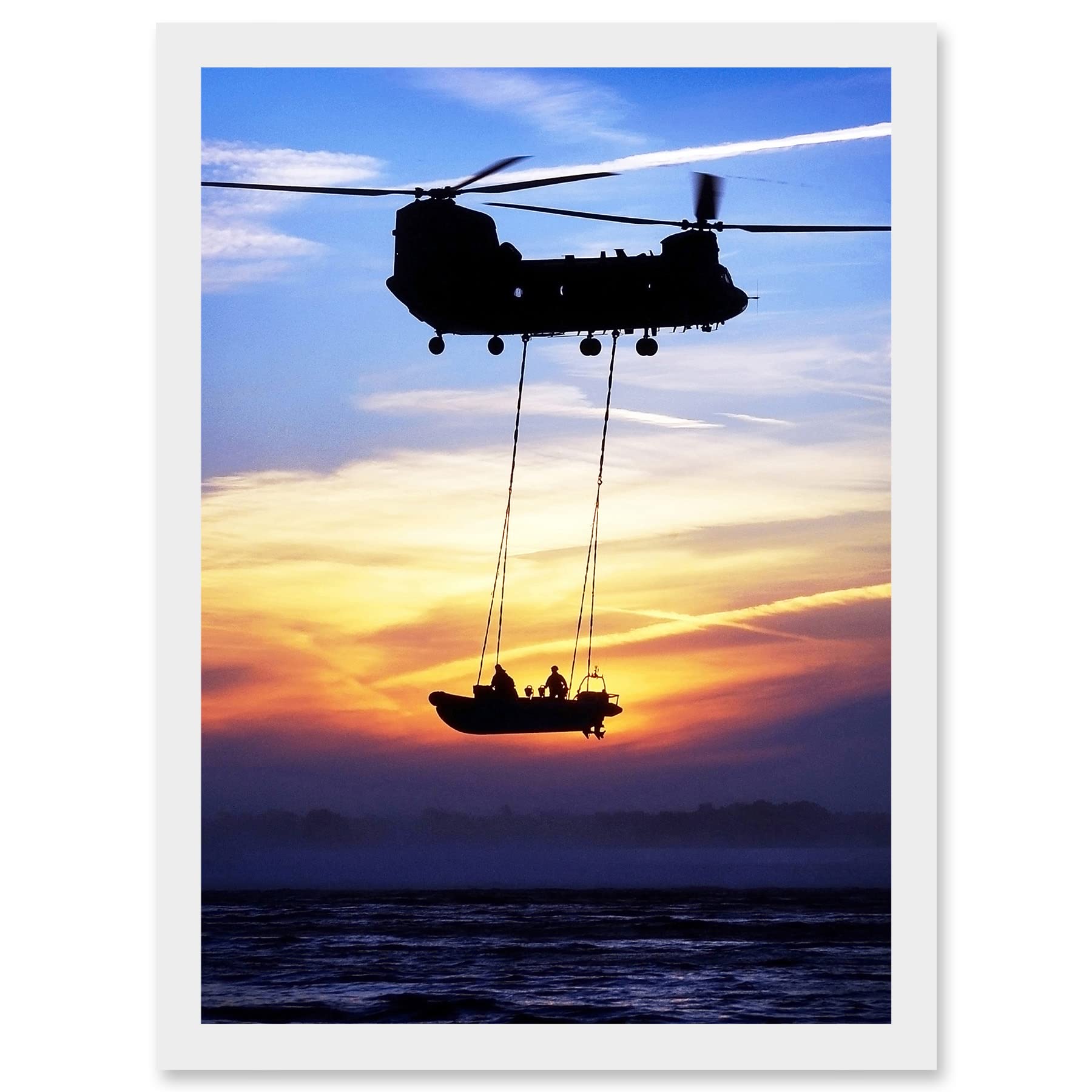 Artery8 Military UK British Chinook Helicopter Royal Marines Artwork Framed Wall Art Print A4