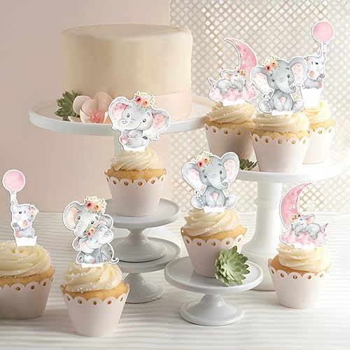 Miniatura 4 de 48 piezas de decoración de elefante rosa para cupcakes de elefante, decoración de baby shower, decoración de cupcakes rosados, suministros de fiesta