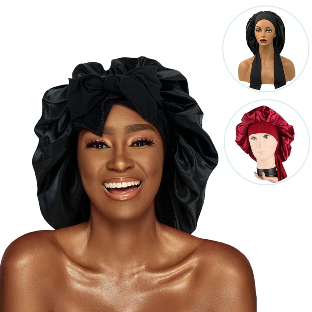 Cuffia Di Seta Per Capelli - Set Da 2 Con Elastico | Berretto Da Notte Regolabile Per Donne - Foto 8