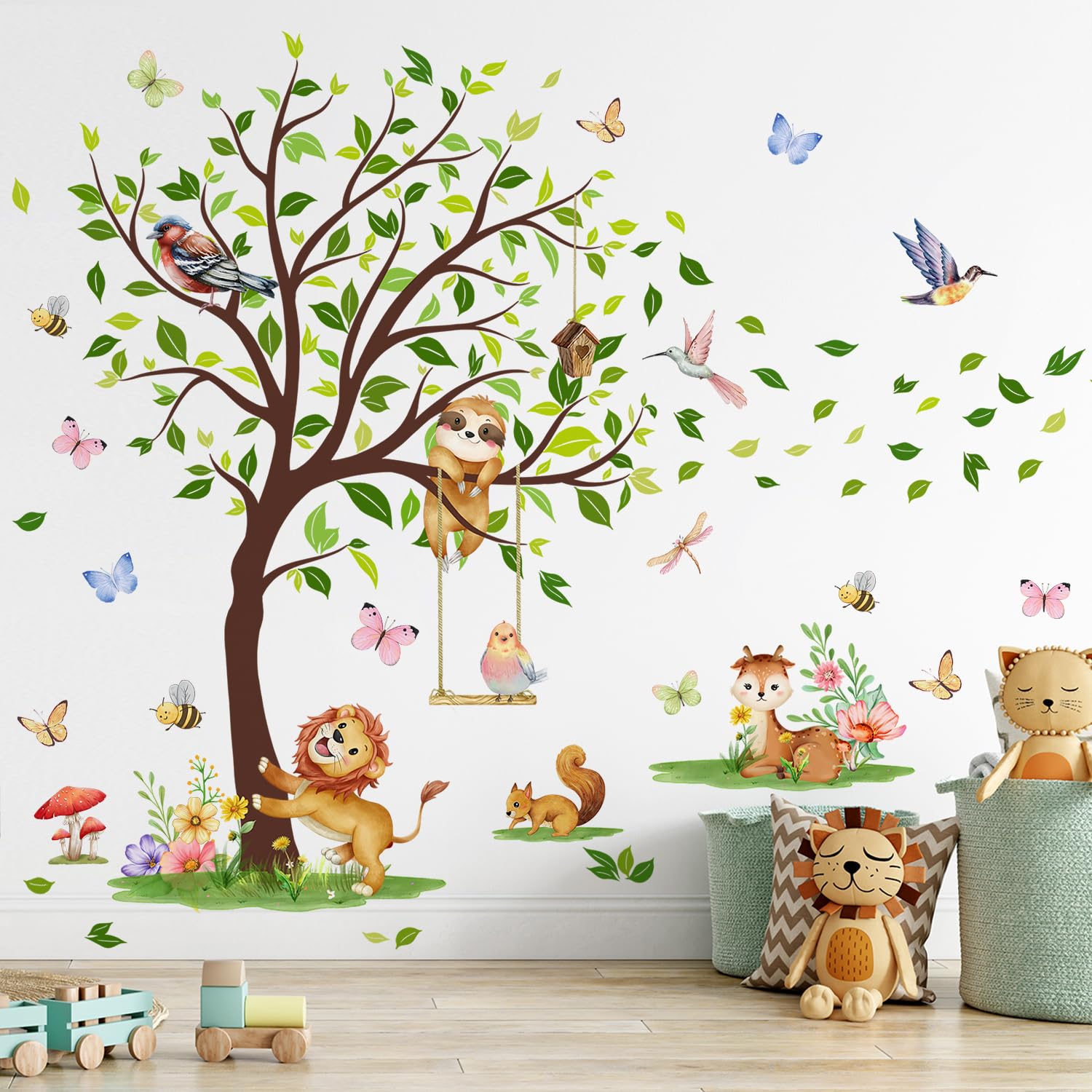 DRWSSR 2 Sheets Removable Jungle Animal Green Tree Wall Decals DIY Lion Koala Sika Deer Squirrel Wall Decals Vinyl Butterflies Birds Plants Art for