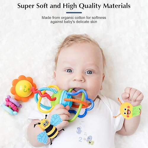 Miniatura 4 de Juego de sonajero de muñeca y buscador de pies, color negro - blanco + diseño colorido de insectos, juguetes sensoriales para recién nacidos de 0 a