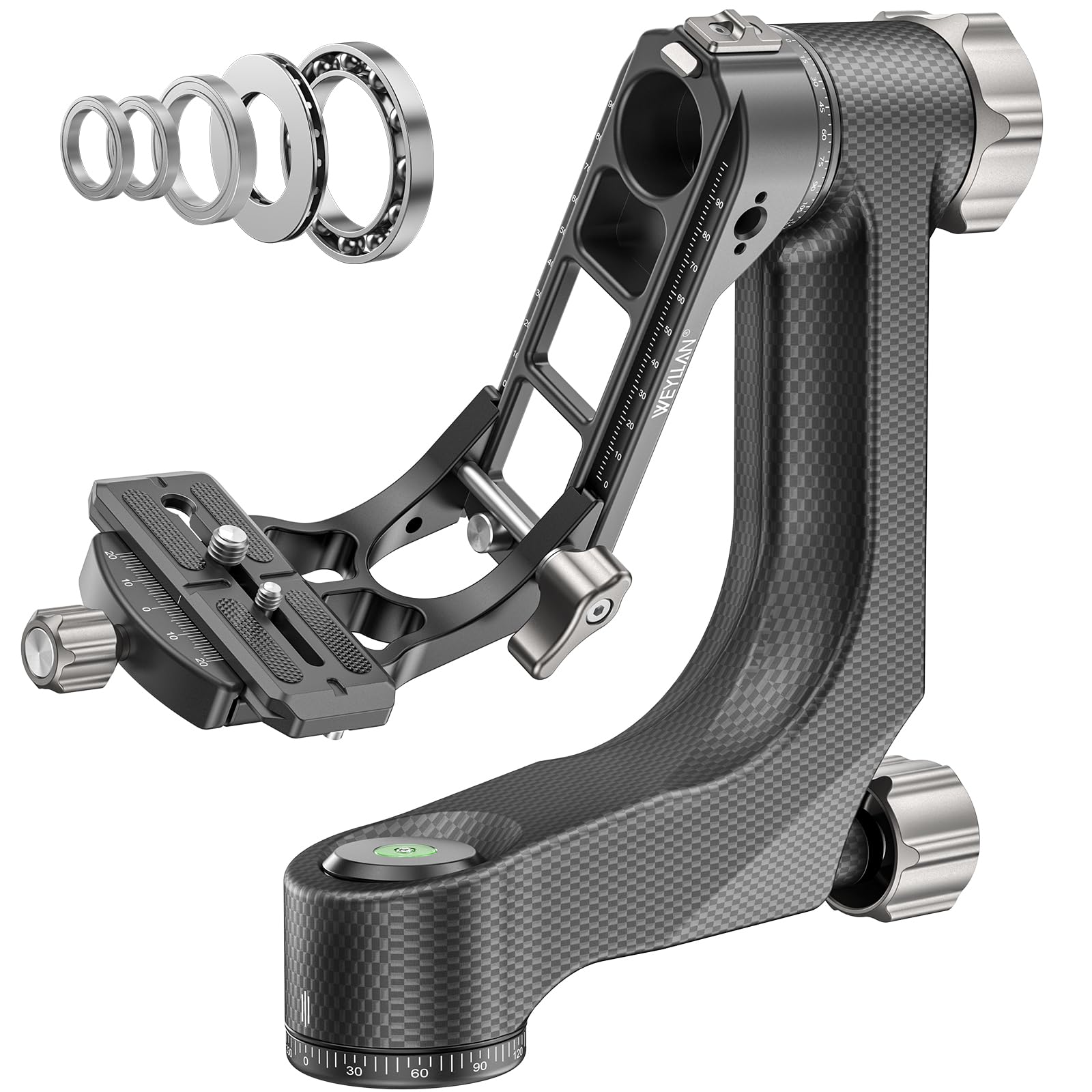 WEYLLAN Tête de Trépied Professionnelle en Fibre de Carbone, Panoramique 360° avec Plaque Dégagement Rapide Arca 1/4'' 3/8'' pour Appareil Photo Reflex Numérique, Charge 20kg