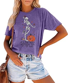 Dancing Skeleton Shirt for Women Funny Halloween Tshirts Fall Pumpkin Tops | Women Happy Halloween T Shirts Tie Dye Skeleton Graphic Short Sleeve Tees Halloween Party Casual Loose Top