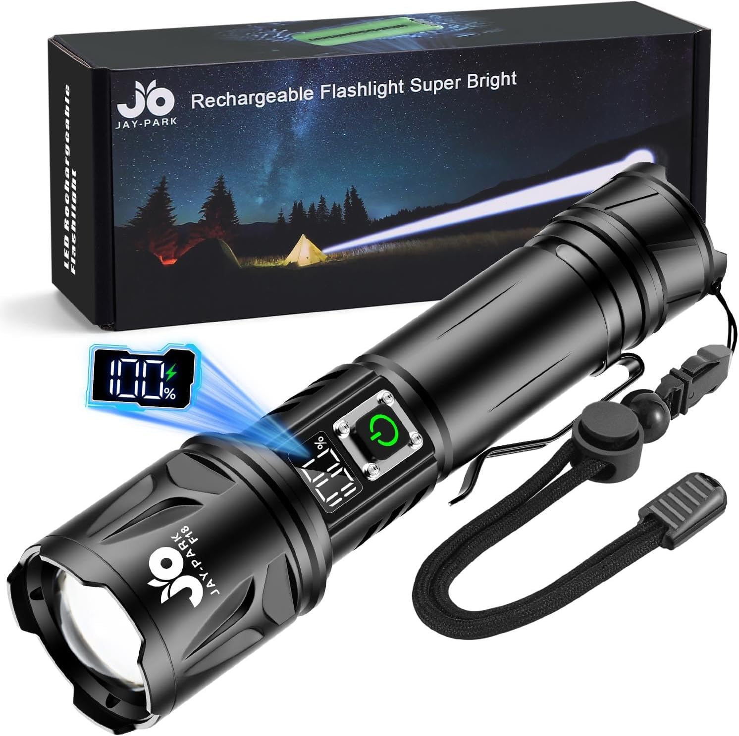 JAY-PARK Taschenlampe 500000 Lumen Aufladbare 5000 mAh mit LCD-Display und 5 Beleuchtungsmodi, LED Taschenlampe Extrem Hell Zoom Langer Lichtstrahl (3000m) für Outdoor, Camping