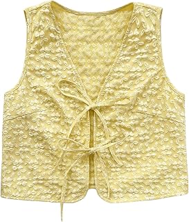 Women's Tie Front Textured Floral Tank Top V Neck Sleeveless Casual Boho Vest
