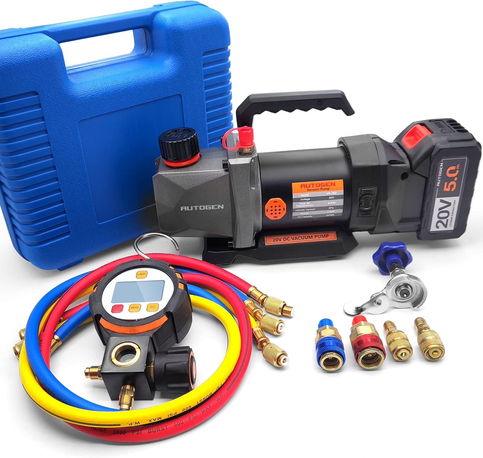 AUTOGEN Single-Stage Vacuum Pump 3CFM 20V Lithium Battery DC Inverter 60 microns 1/4HP for Air Conditioner Refrigerant HVAC Manifold Gauge Set Kit
