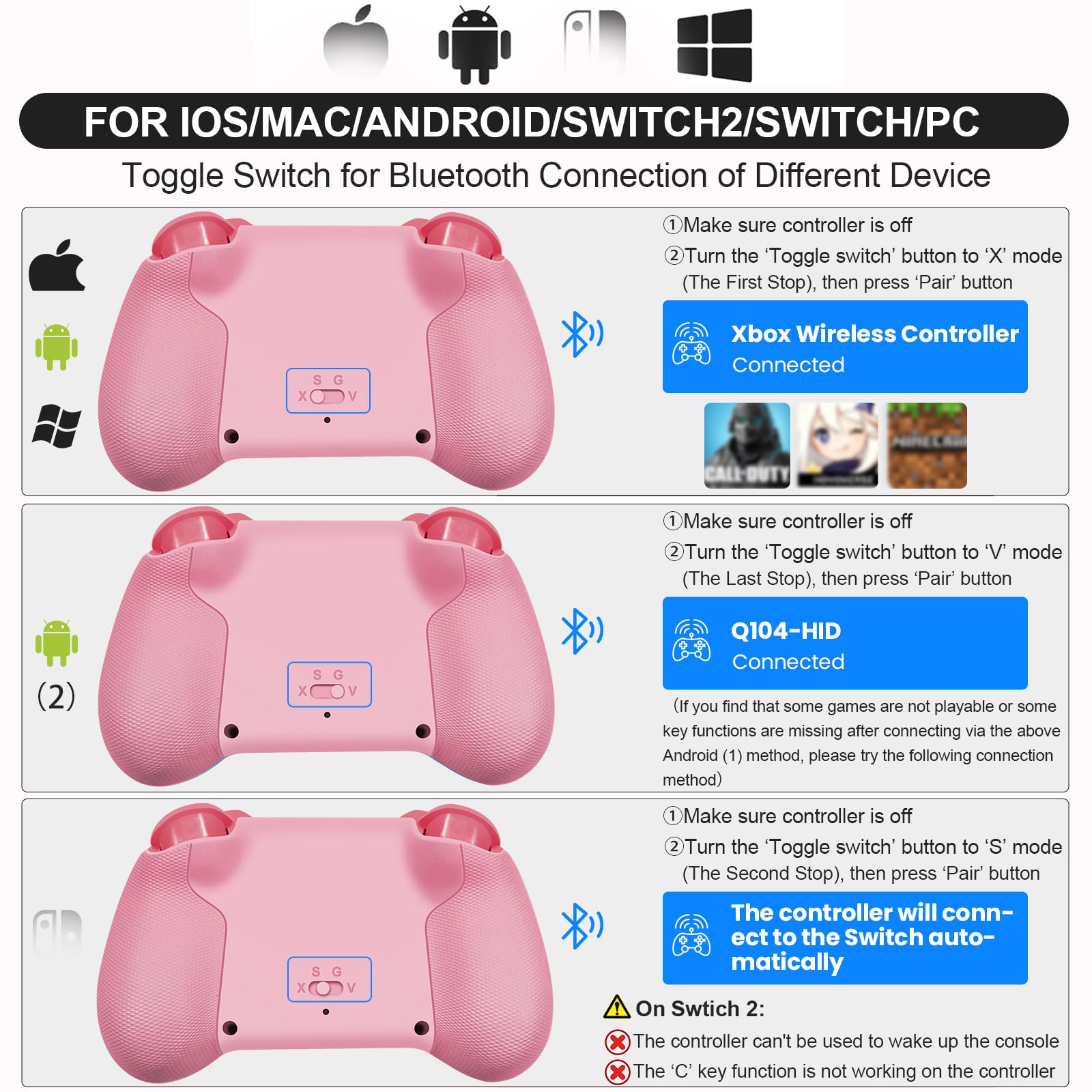 Megadream Wireless-Controller für iPhone/Android/Switch 2/Switch/PC, Smartphone-Gamepad mit Hall-Effekt-Joysticks/Trigger/Turbo/RGB-Beleuchtung, für Genshin Impact, COD (Rosa)