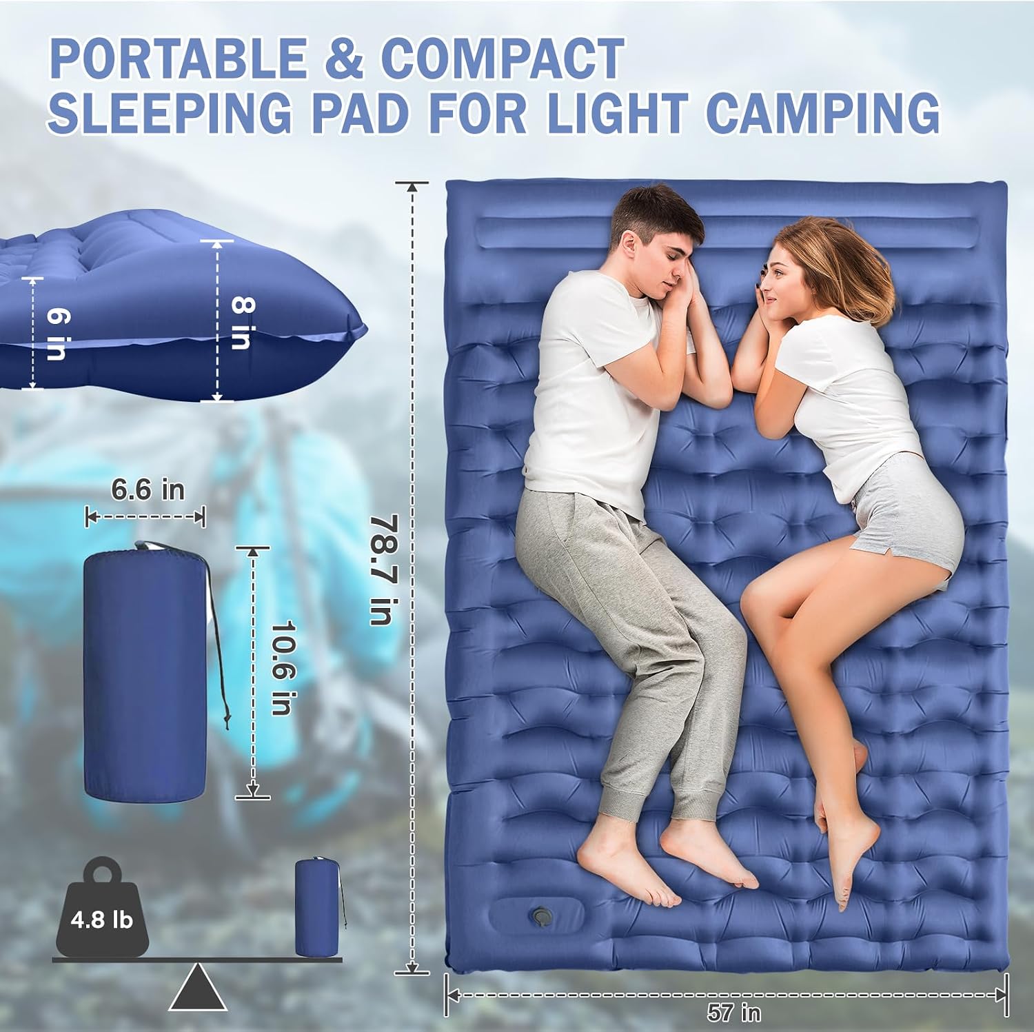 Sleeping Pad for Camping, 6" Extra Thick Camping Mat with Pillow Built-in Foot Pump, Ultra Comfortable Inflatable Sleeping Mat for Backpacking, Hiking, Camp Tent - Enjoy a Comfy Sleep