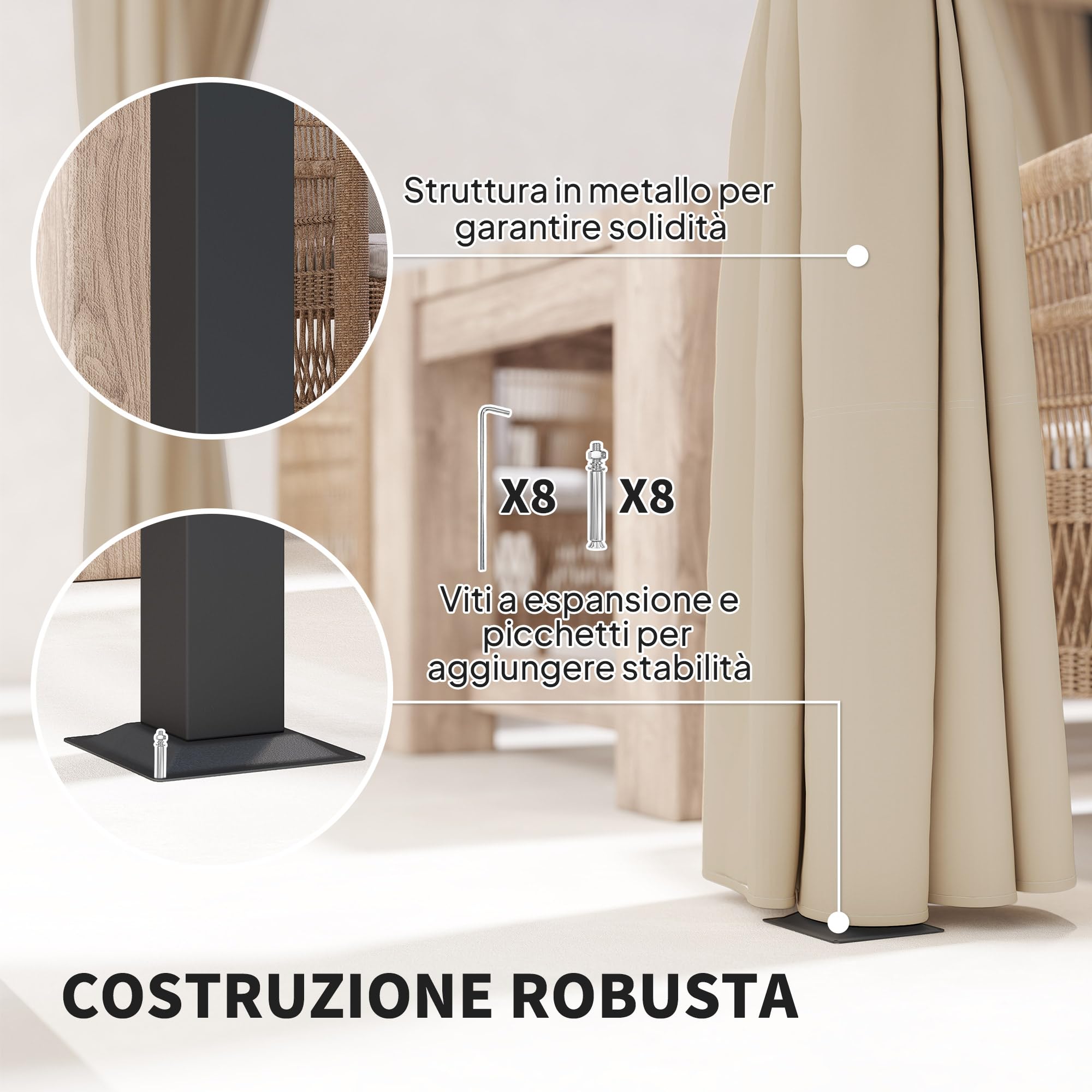 Outsunny Gazebo Pergola 3x3 m con Pareti Laterali e Tetto Retrattile, Metallo e Poliestere 180g/㎡, Beige