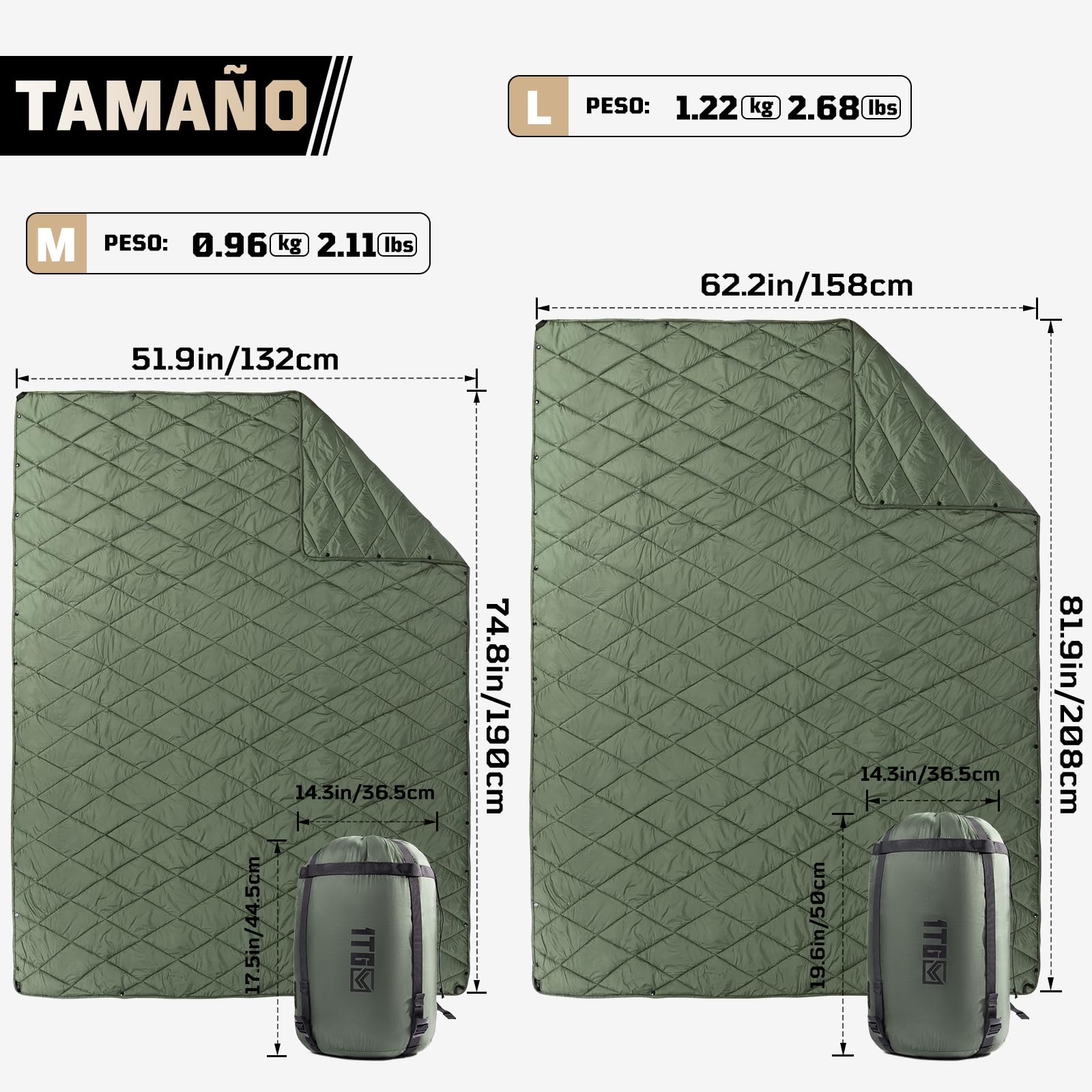 1TG Tactical Coperta da Campeggio 4-in-1 Ultraleggera 0.96kg/1.22kg | Impermeabile, Termica e Compatta | Per Trekking, Auto, Emergenza | Trasformabile in Sacco a Pelo e Poncho