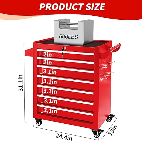 Miniatura 2 de Caja de herramientas rodante de 7 cajones, caja de herramientas rodante, organizador de armario para garaje con ruedas, cajones y cerradura,