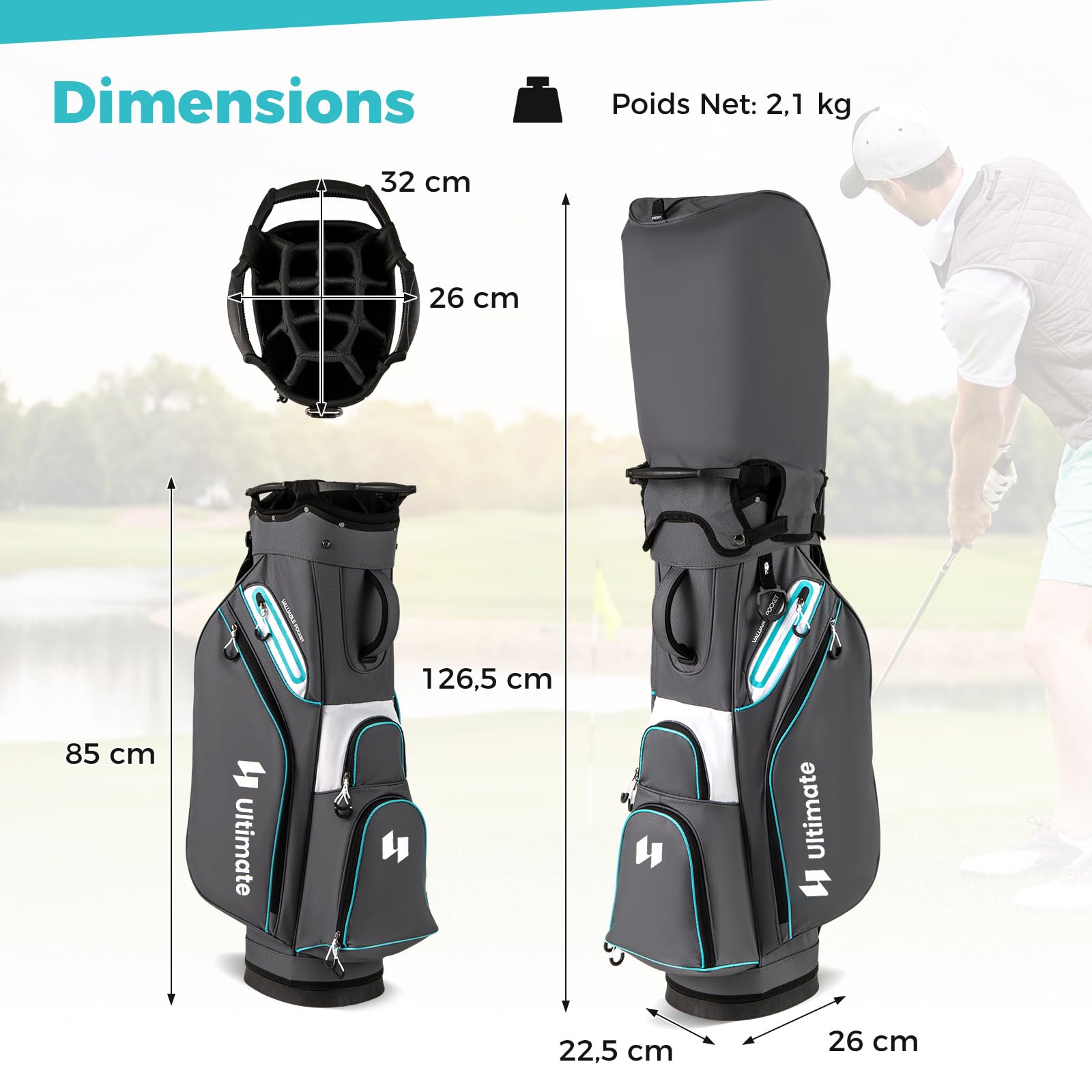COSTWAY Sac de Golf avec 14 Compartiments sur Le Dessus, Sac de Rangement Portable pour Club de Golf avec Poche Isotherme Bandoulière Réglable Housse de Pluie et Porte-Parapluie