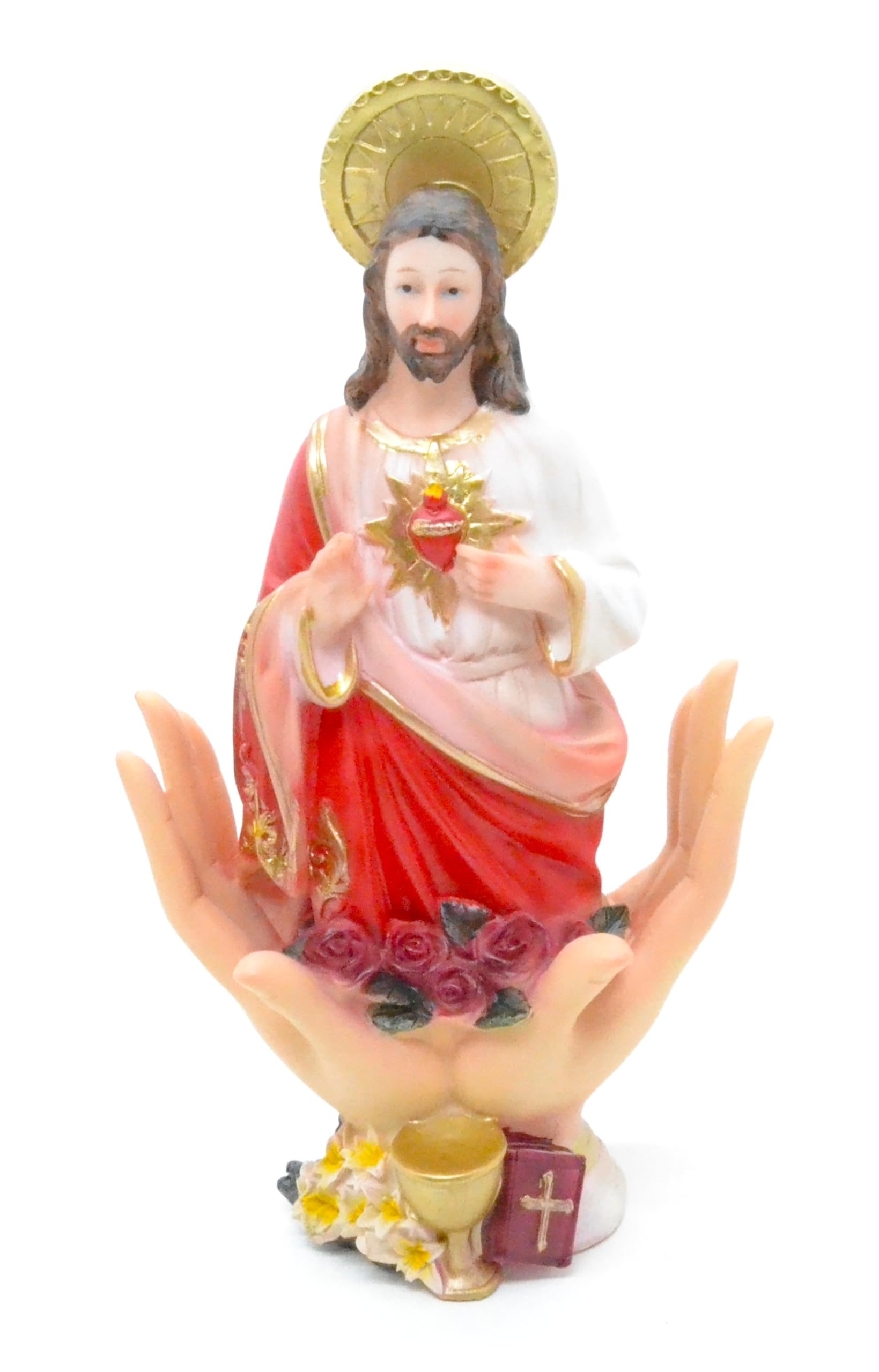 WONDERFUL Sacred Statue of Jesus with Sacred Heart, 30 cm, Decorative Base with Roses, Religious Design