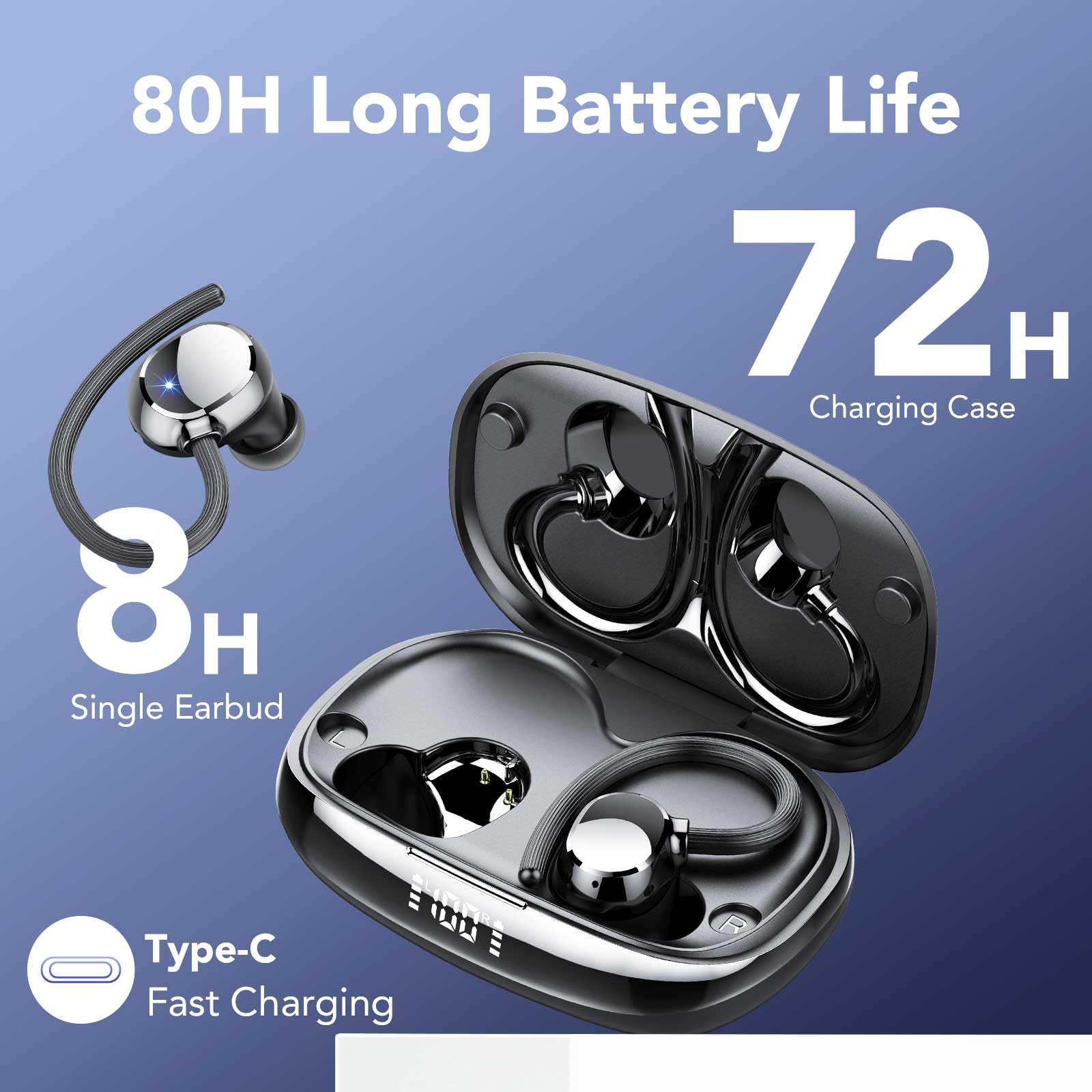 Tukio Cuffie Bluetooth 5.4 Sport, Auricolari Bluetooth Wireless HiFi con Microfono HD e Cancellazione Rumore, Cuffie Wireless con Ganci Auricolari, 80 Ore Autonomia, Display LED, IPX7 Impermeabili