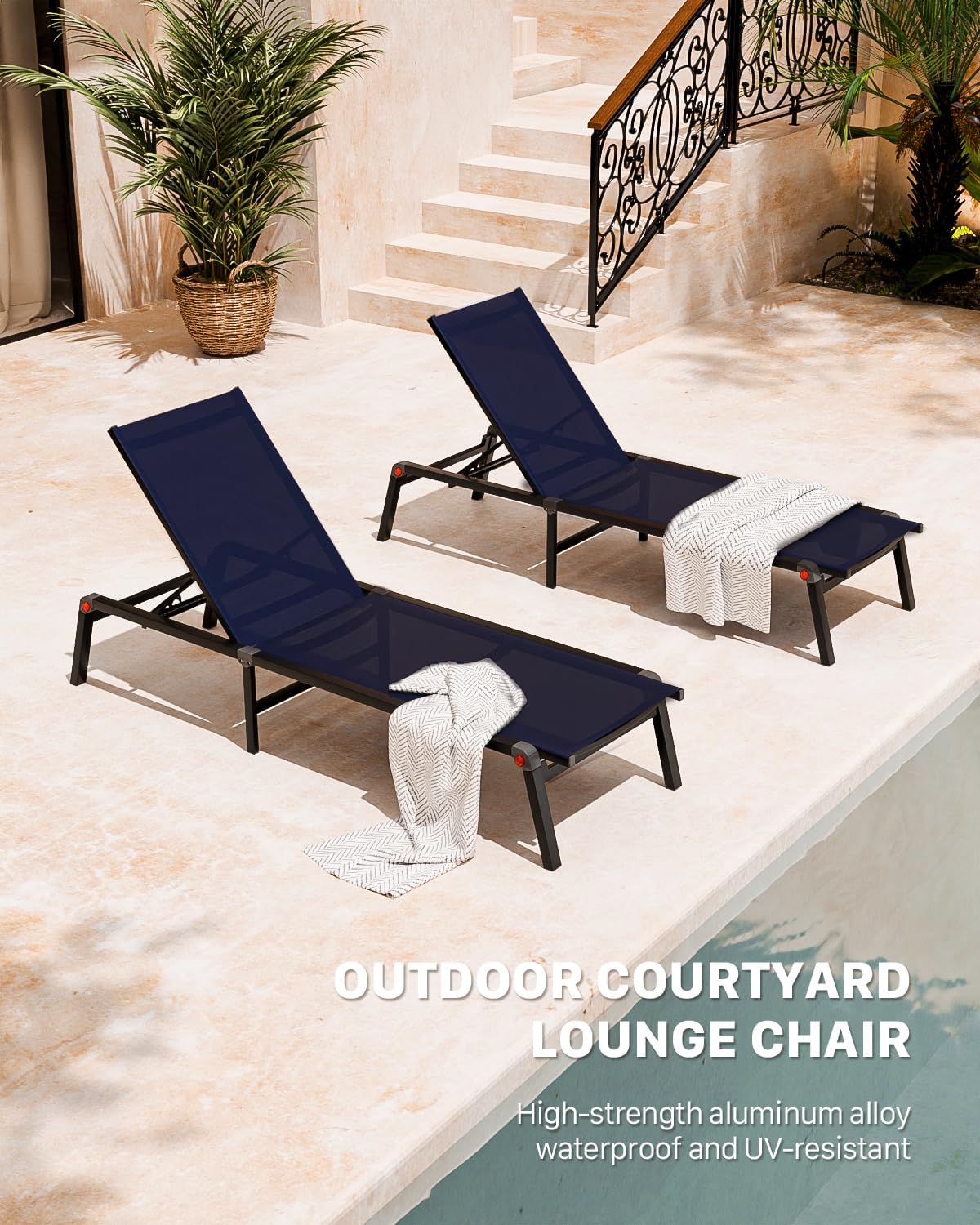 Aluminum Chaise Foldable Patio Lounge Chair Outdoor, Deck Lounger Adjustable 5-Position Recliner Pool Chase Breathable Full Flat Outside Sun Tanning Chairs for Beach/Poolside/Lawn(Navy Blue, 1Pack)