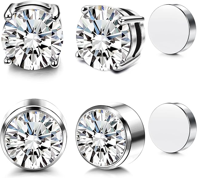 JeweBella 2 Pairs 6-8mm Magnetic Clip On Stud Earrings Non Piercing Stainless Steel Zircon Earrings for Men Women Round Stud Hypoallergenic Earrings Jewellery