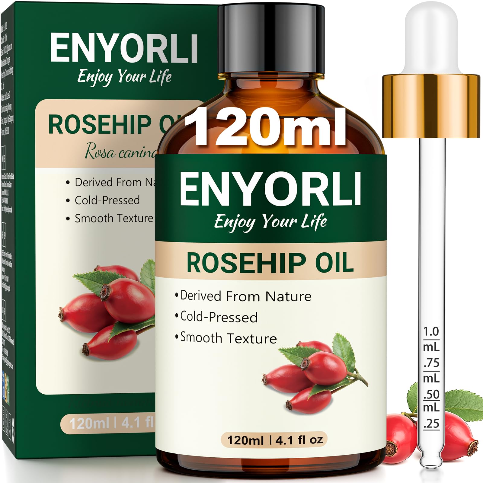 ENYORLI Hagebuttenöl 120ml 100% Naturbelassen & Kaltgepresst - Rosehip Oil Wildrosenöl für Haut, Haare & Nägel - Vegan, Hexanfrei, Körperöl für reife Haut, Unraffiniert inkl. Skala-Pipette