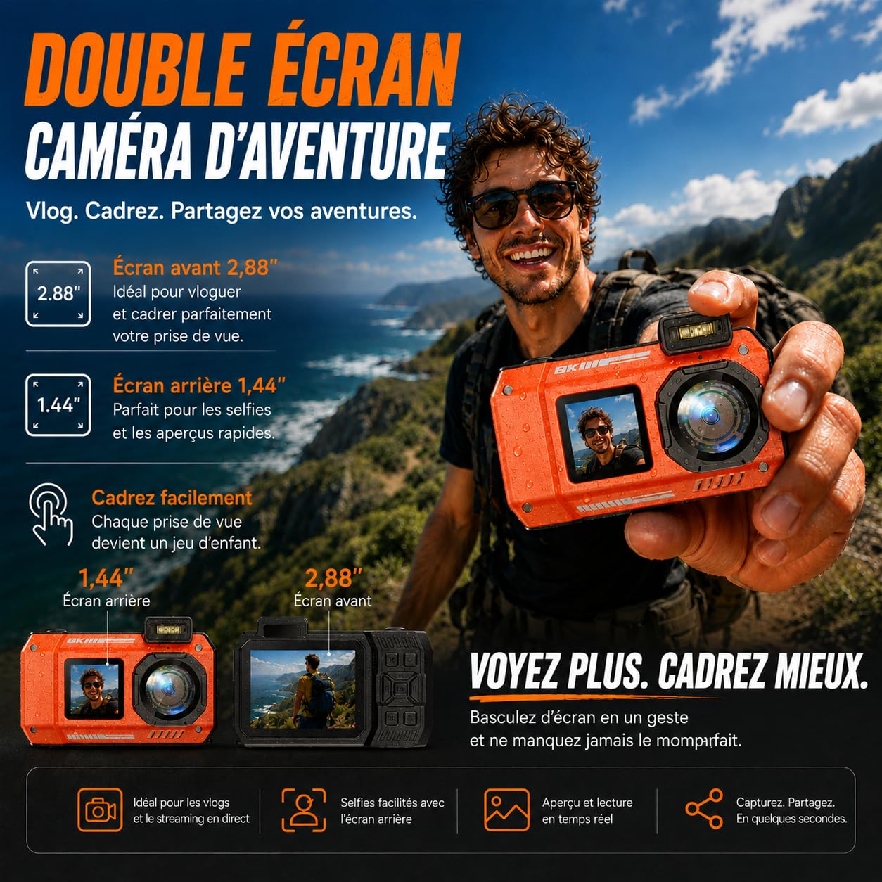 MaxMango D50 33FT Appareil Photo Numérique Etanche，8K 70MP Caméra sous-Marine avec 16 Go de Stockage, Double écran 18x, Résistante à la Poussière et Aux Chocs, Autofocus - Orange