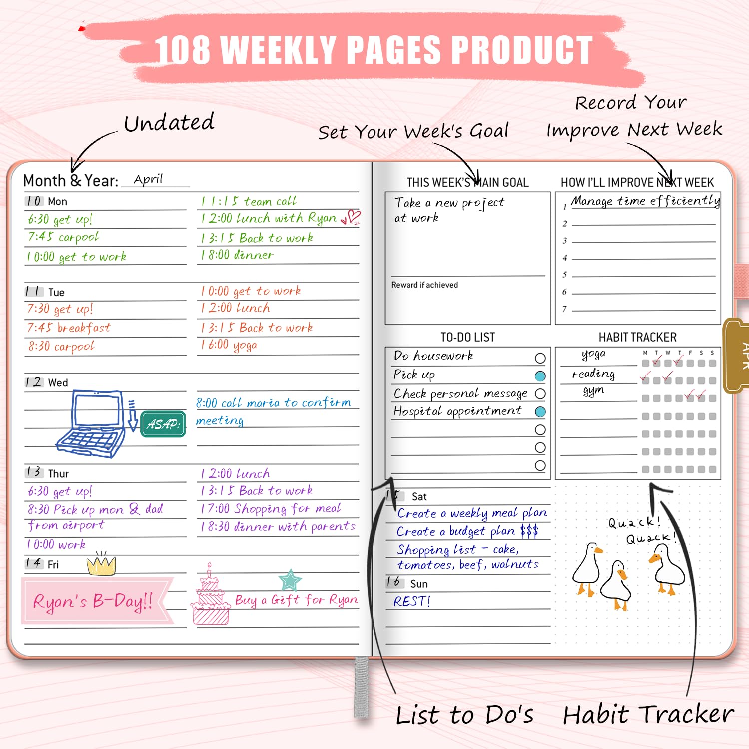 Undated Weekly Planner, A5 Agenda Organizer, Goal Definition with Elastic, Adhesive Pen Loop - Image 4
