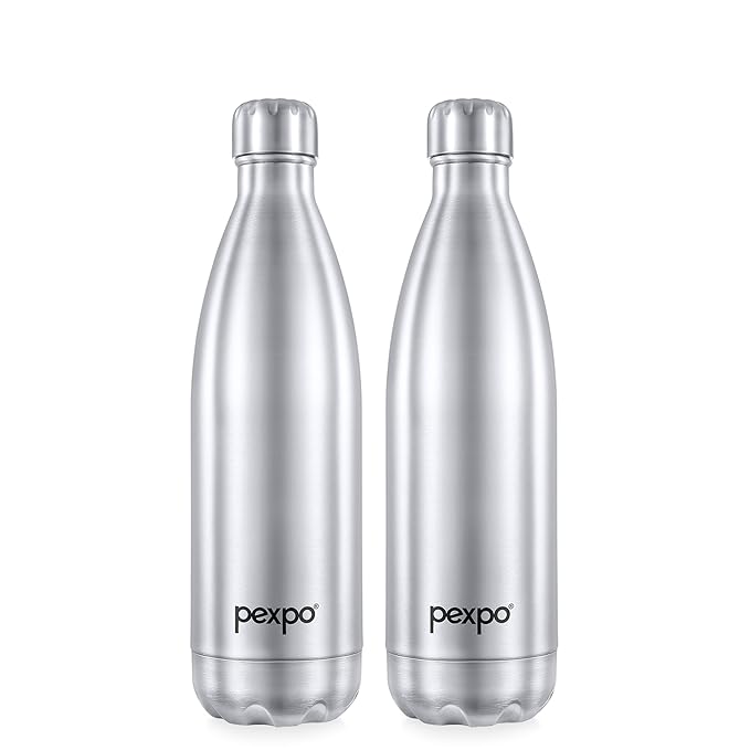 PEXPO Electro Hot & Cold ISI Certified Flask | Stainless Steel Water Bottle - 750ml Silver, Pack of 2 | 2 Years Warranty | Office Bottle | Workout | Travelling | Home | Adults & Kids