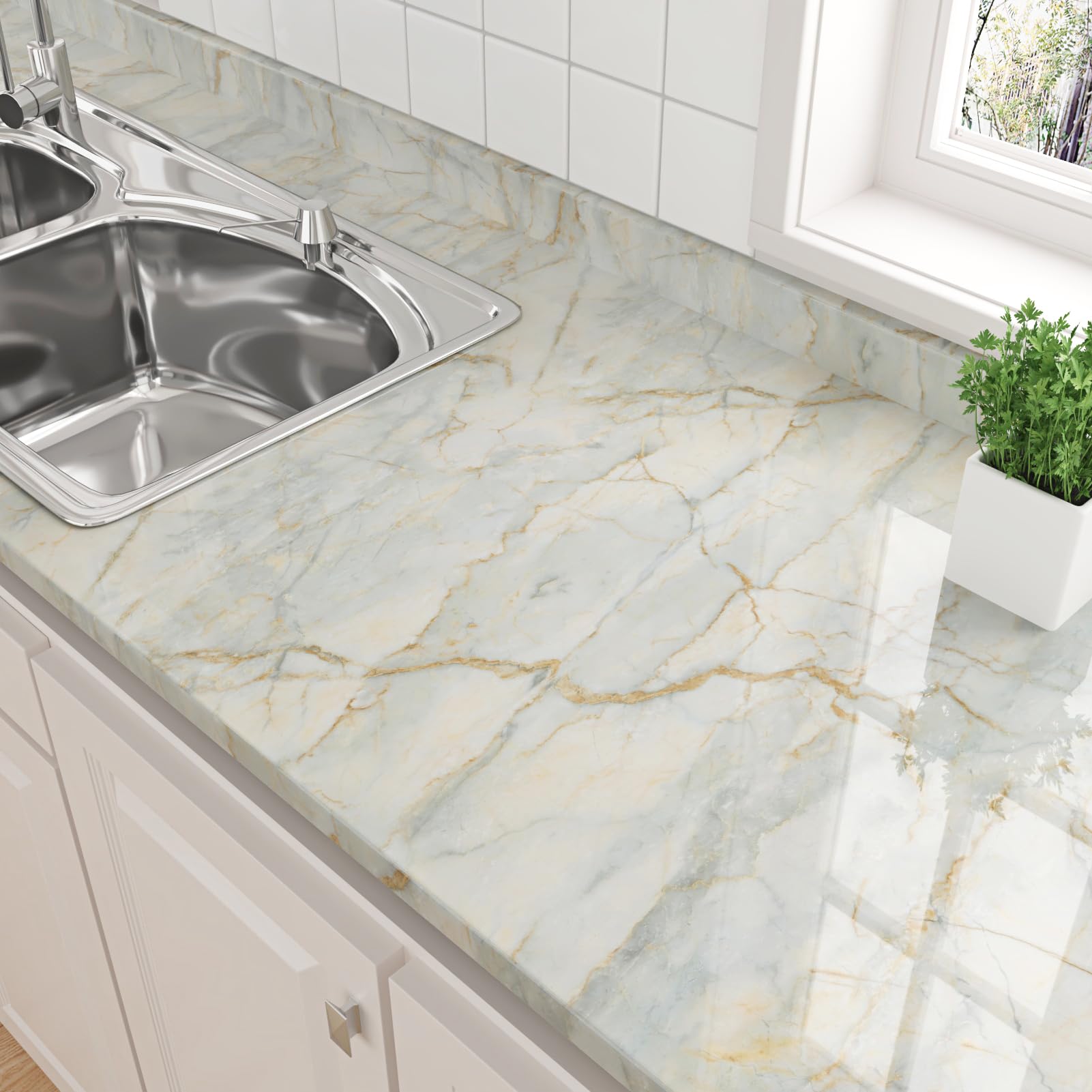 Pellicola Per Finestre Professionali FunStick Carta Adesiva Marmo Beige Crema E Oro Pellicola Adesiva Per Tavolo Grigio Effetto Marmo Pellicola Marmorizzata Per Finestre - 14