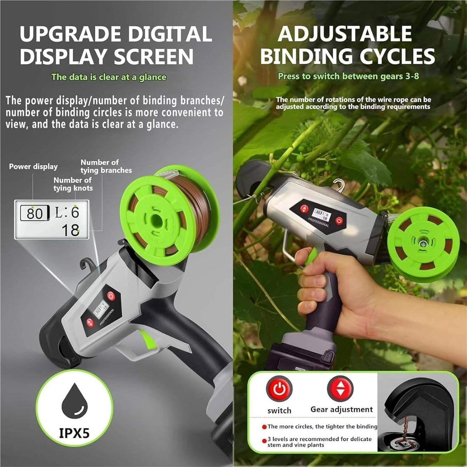 Pistola legatrice per piante con legatura regolabile, display digitale, strumento di legatura automatica per viti da giardino, ortaggi e alberi da frutto