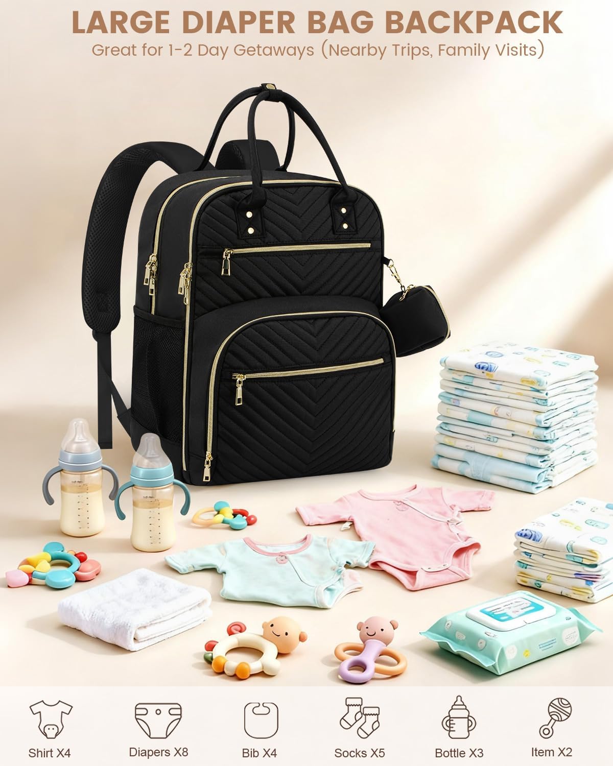 Diaper Bag Backpack,Baby Essentials Diapers Bag with Pacifier Case,Multipurpose Stylish Large Capacity Travel Backpack for Baby Girl/Boy(L-Black) - Image 3