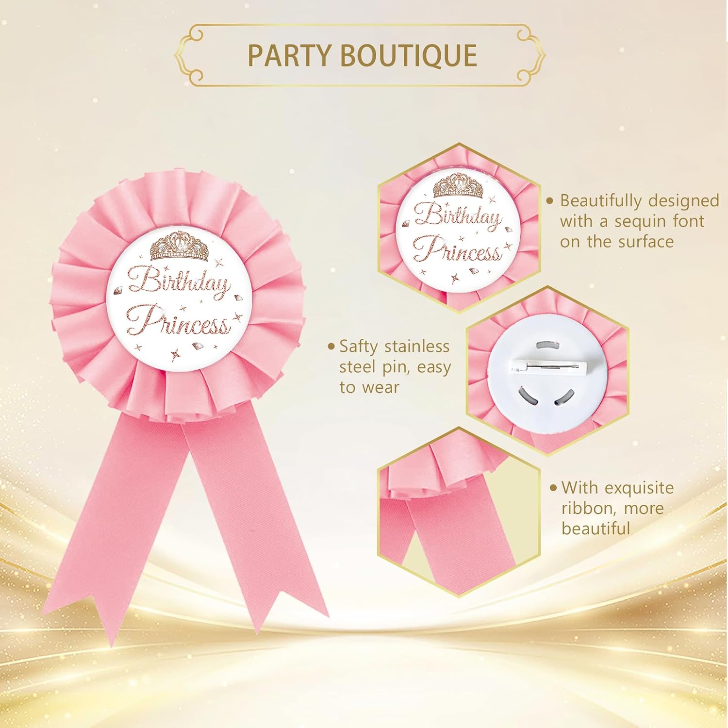 Princess Tinplate Crown Badge Pin, Rose Gold Pink Rosette Birthday Button Pin for Girl's Party, Happy Birthday Award Badge for Baby Girl