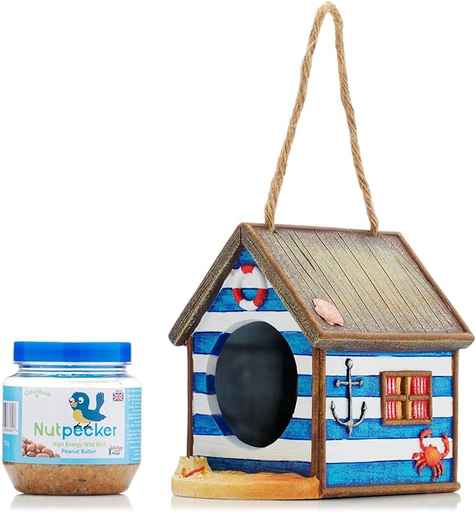 Grumpy Gardener Beach Hut Bird Feeder and 330g Jar of Nutpecker Peanut