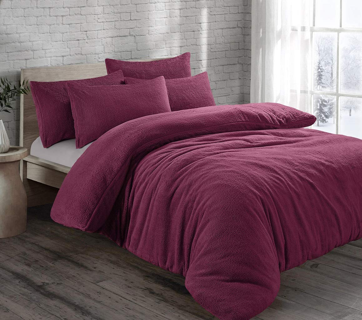 LIZZIE JACOBS Teddy Fleece Luxurious Duvet Cover Sets Super Soft Warm Cosy Sherpa Fleece WInter Quilt Cover Sets Reversible Bedding Sets (Plum, Super King)
