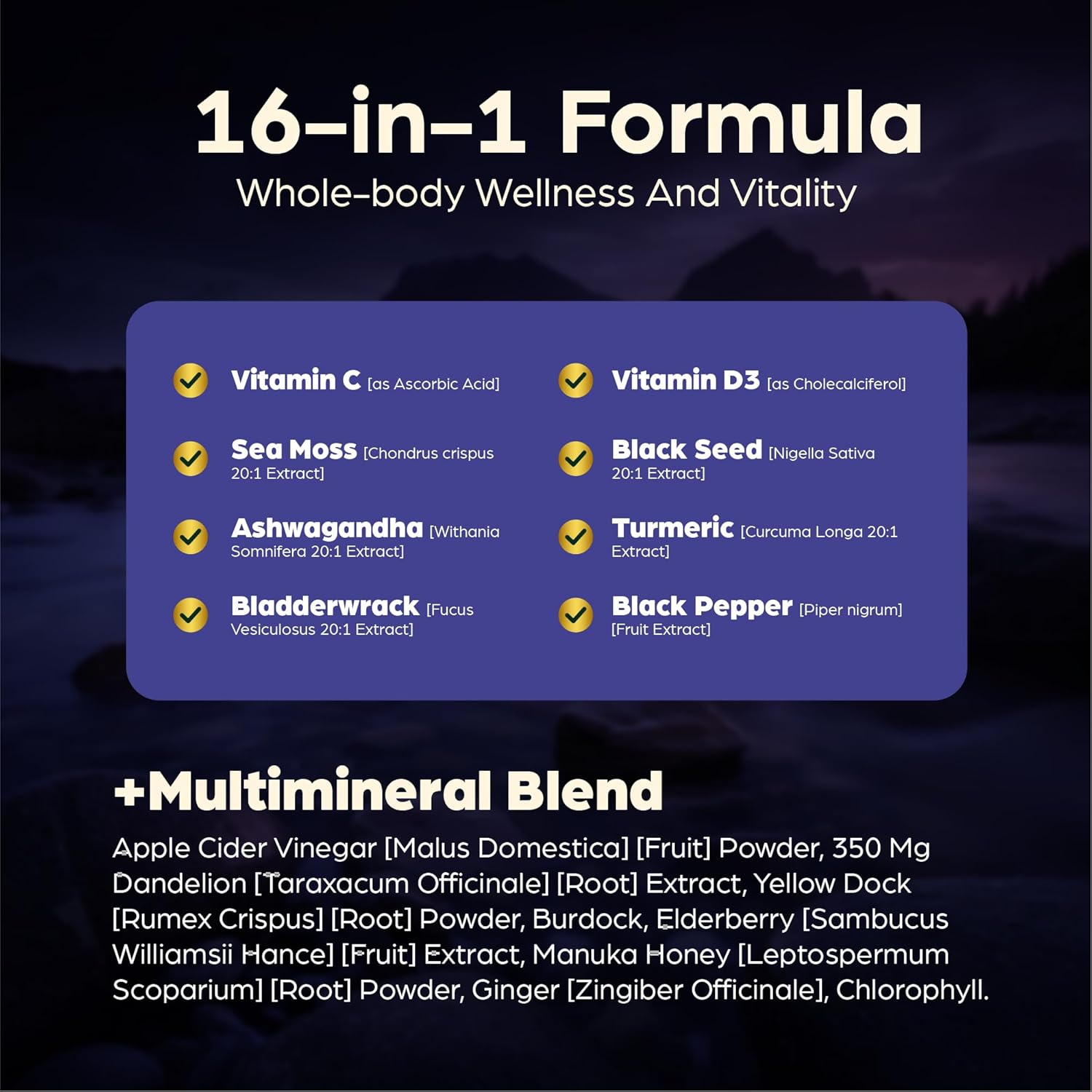 Anuva 16-in-1 Sea Moss Capsules | Black Seed Oil, Ashwagandha, with Vitamin C, D3, Turmeric, Burdock, Bladderwrack & Multi-Minerals | Immune, Skin, Joint & Energy Support | 60 Veggie Capsules