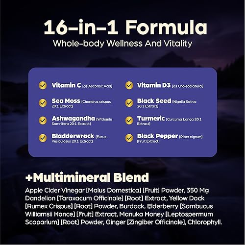 Miniatura 4 de Anuva Cápsulas de musgo marino 16 en 1  Aceite de semilla negra, Ashwagandha, con vitamina C, D3, cúrcuma, bardana, vejiga y multinerales  Apoyo