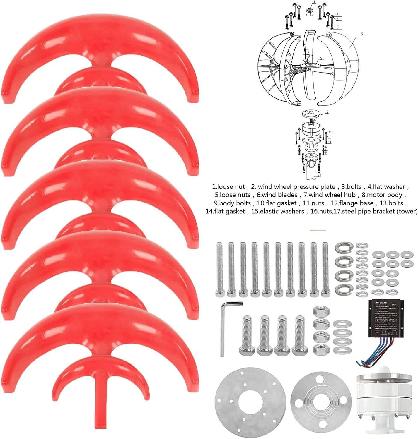 Turbina Eólica De 3000W Generador De Eje Vertical De 5 Aspas Equipo Productor De Electricidad para Barcos Terrazas, Cabañas O Casas Móviles De Carga,Red-12V