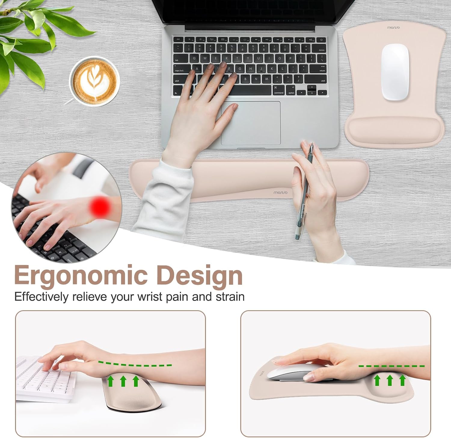 MOSISO Wrist Rest Support for Mouse Pad & Keyboard Set, Ergonomic Mousepad Non-Slip Base Home/Office Pain Relief & Easy Typing Cushion with Neoprene Cloth & Raised Memory Foam, Apricot